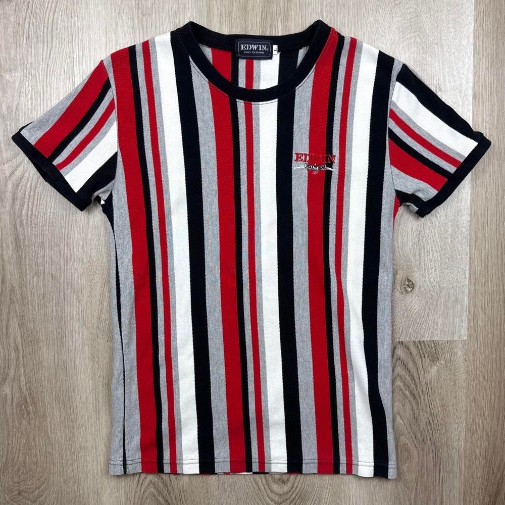Vintage 90s Edwin Only Genuine Embroidered Vertical Stripe Tee Shirt